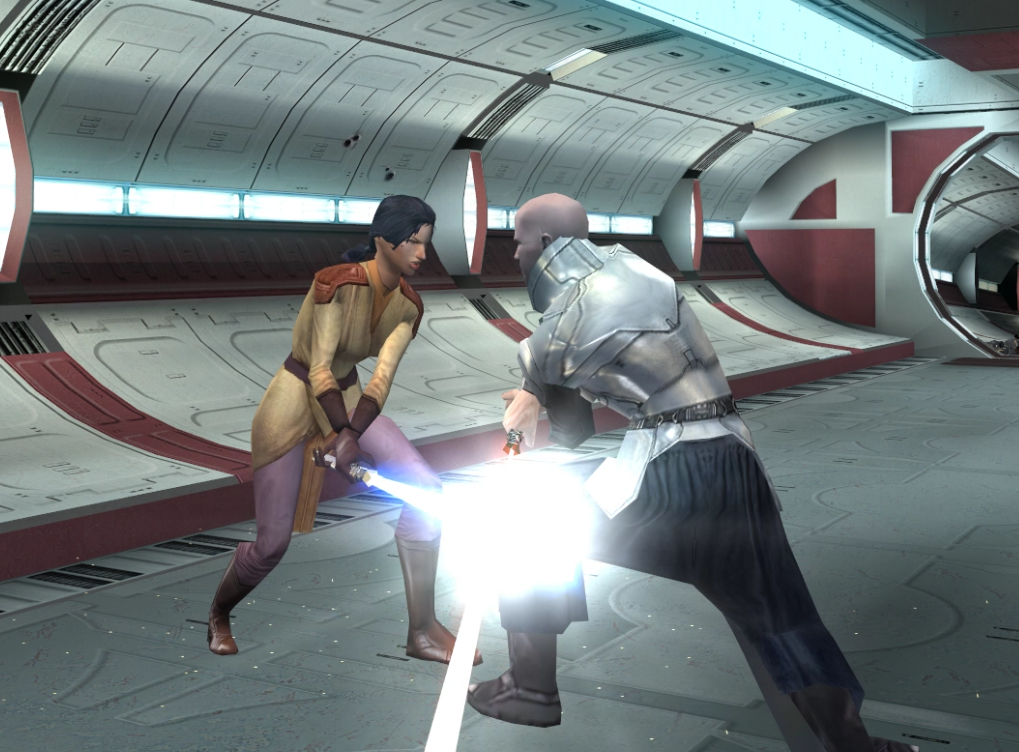 The Jedi duels a Dark Jedi aboard the Endar Spire.