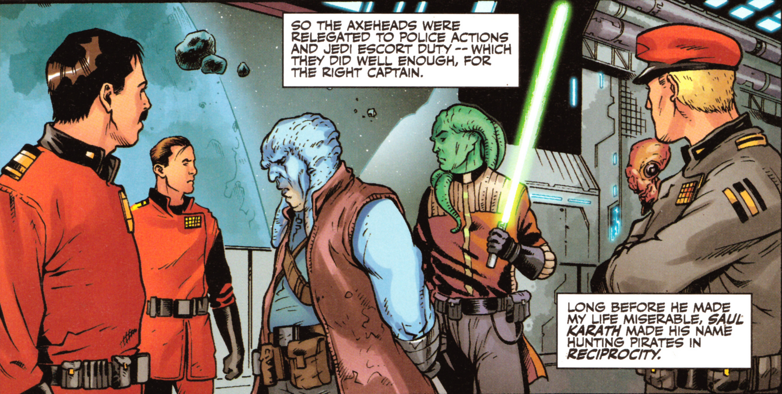 Saul Karath assists a Twi'lek Jedi in the arrest of bounty hunter Valius Ying.