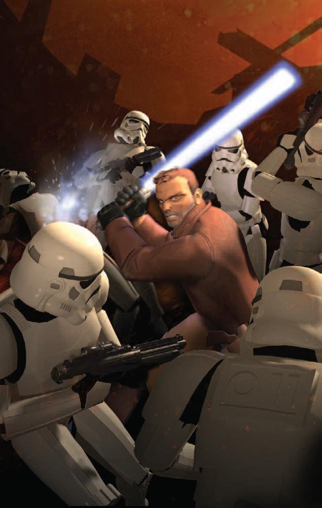 Kyle Katarn fighting a group of stormtroopers.