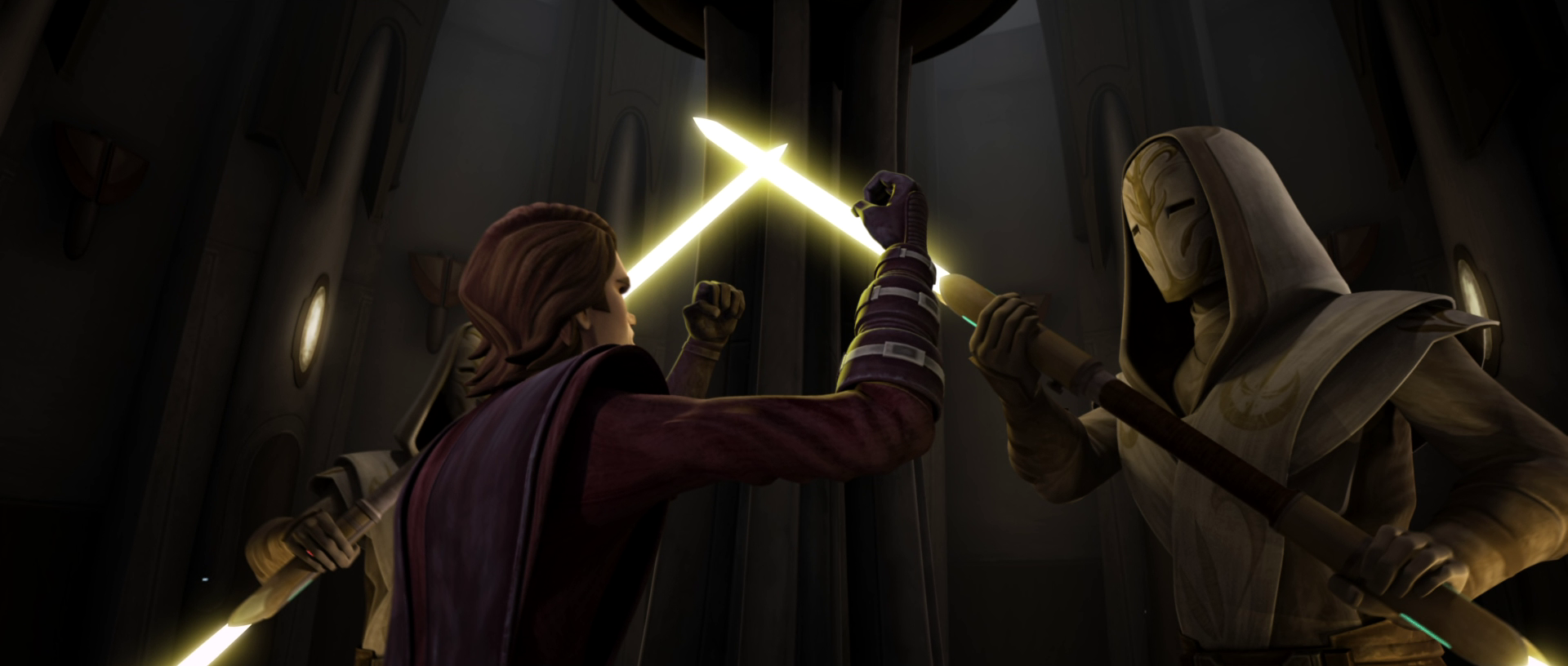 Temple Guards hold back an outraged Anakin Skywalker.