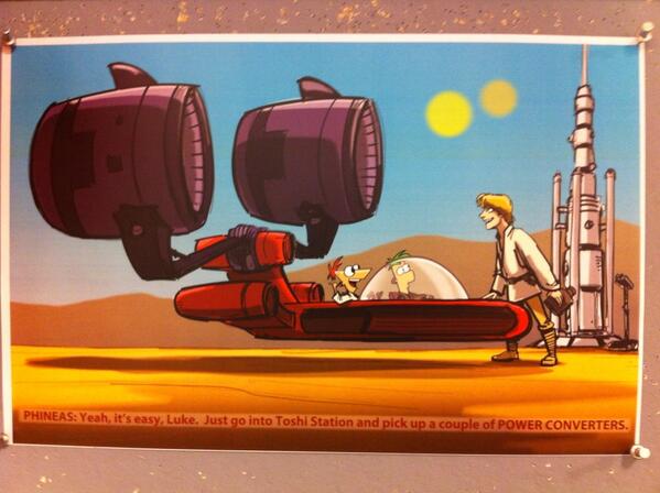 Concept art of Luke Skywalker with Phineas and Ferb on Tatooine.