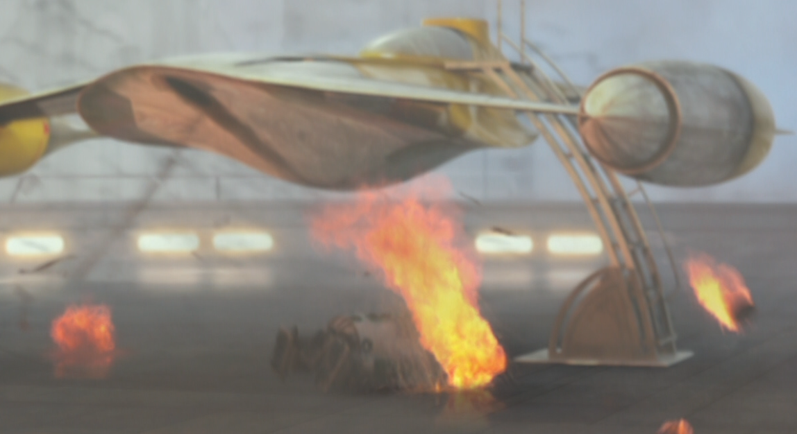 R2-H7 was knocked down by flaming debris.