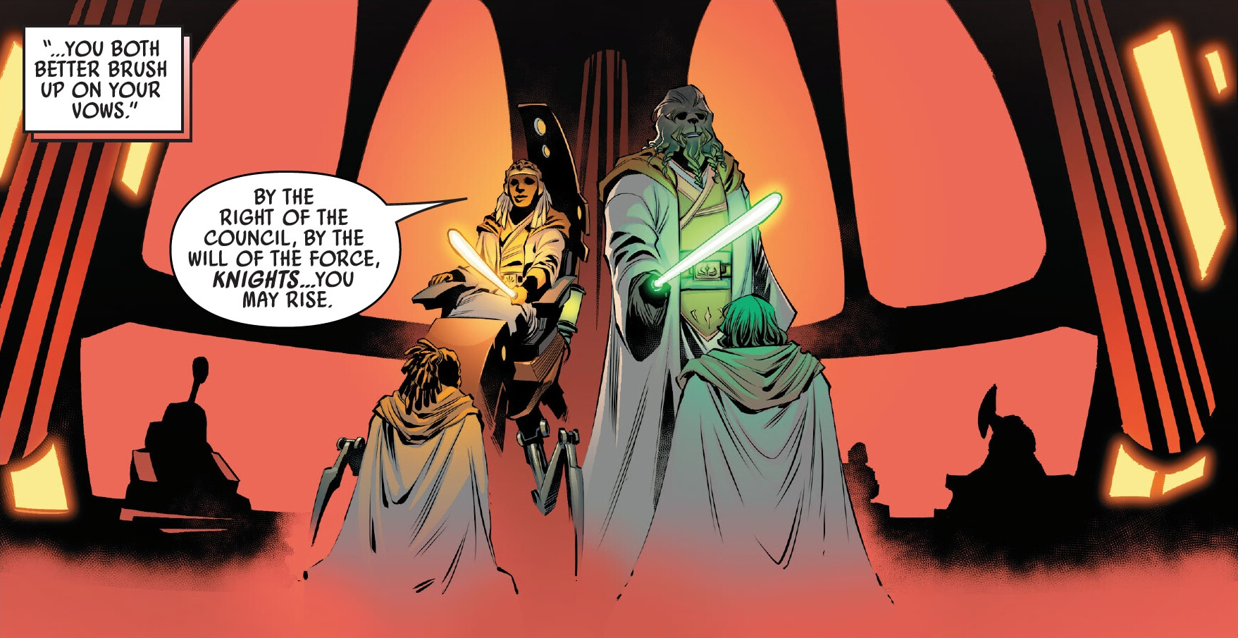 Traditionally presided over by the Padawan's master, a Knighting Ceremony marked a Jedi's passage from the rank of Padawan learner to that of Jedi Knight.