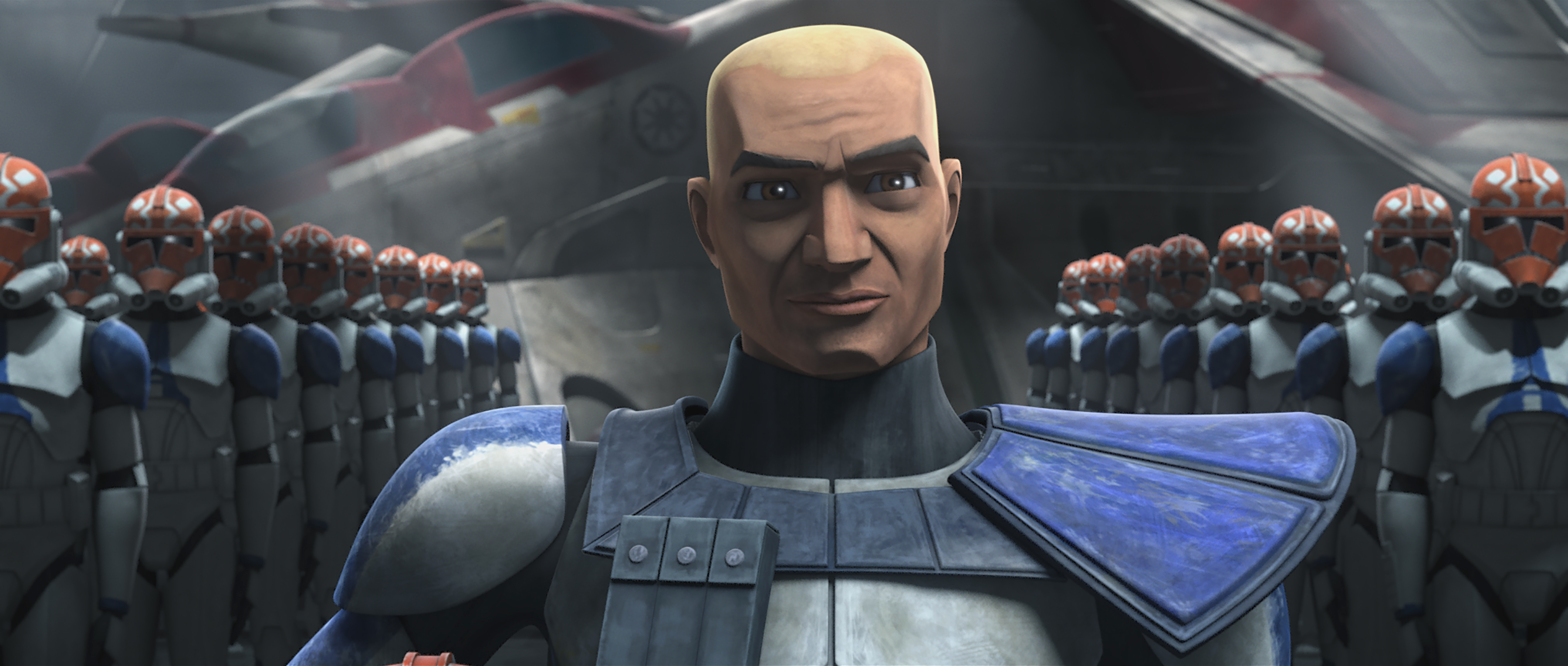 Clone Captain Rex wears a pauldron