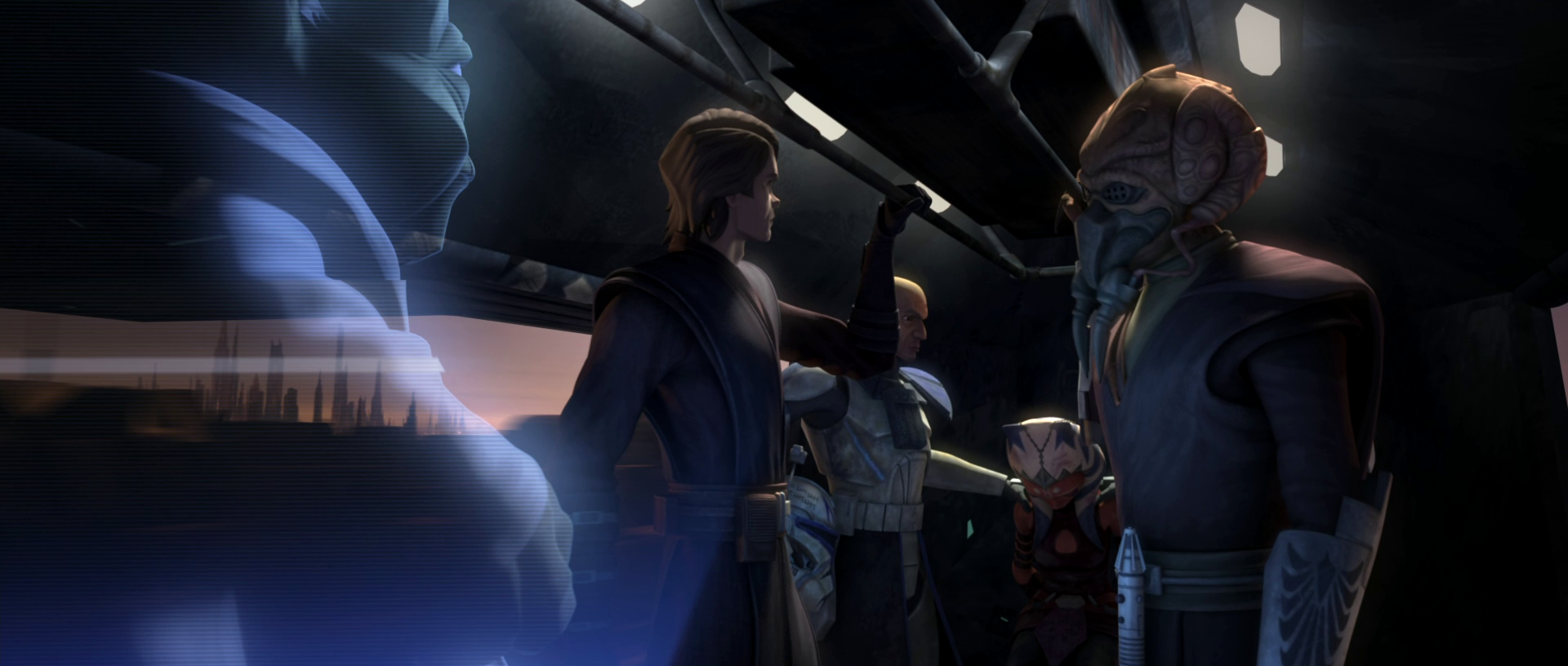 Ahsoka Tano in the custody of Anakin Skywalker and Plo Koon