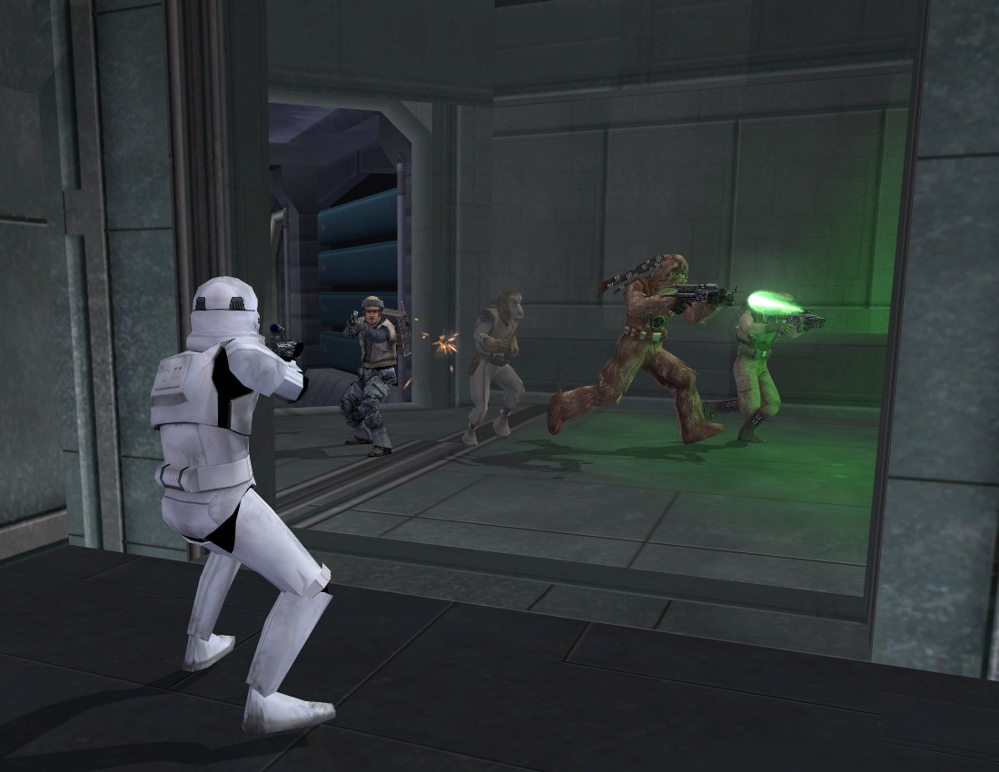 A 501st stormtrooper attacks Rebel forces during the Raid on Polis Massa.