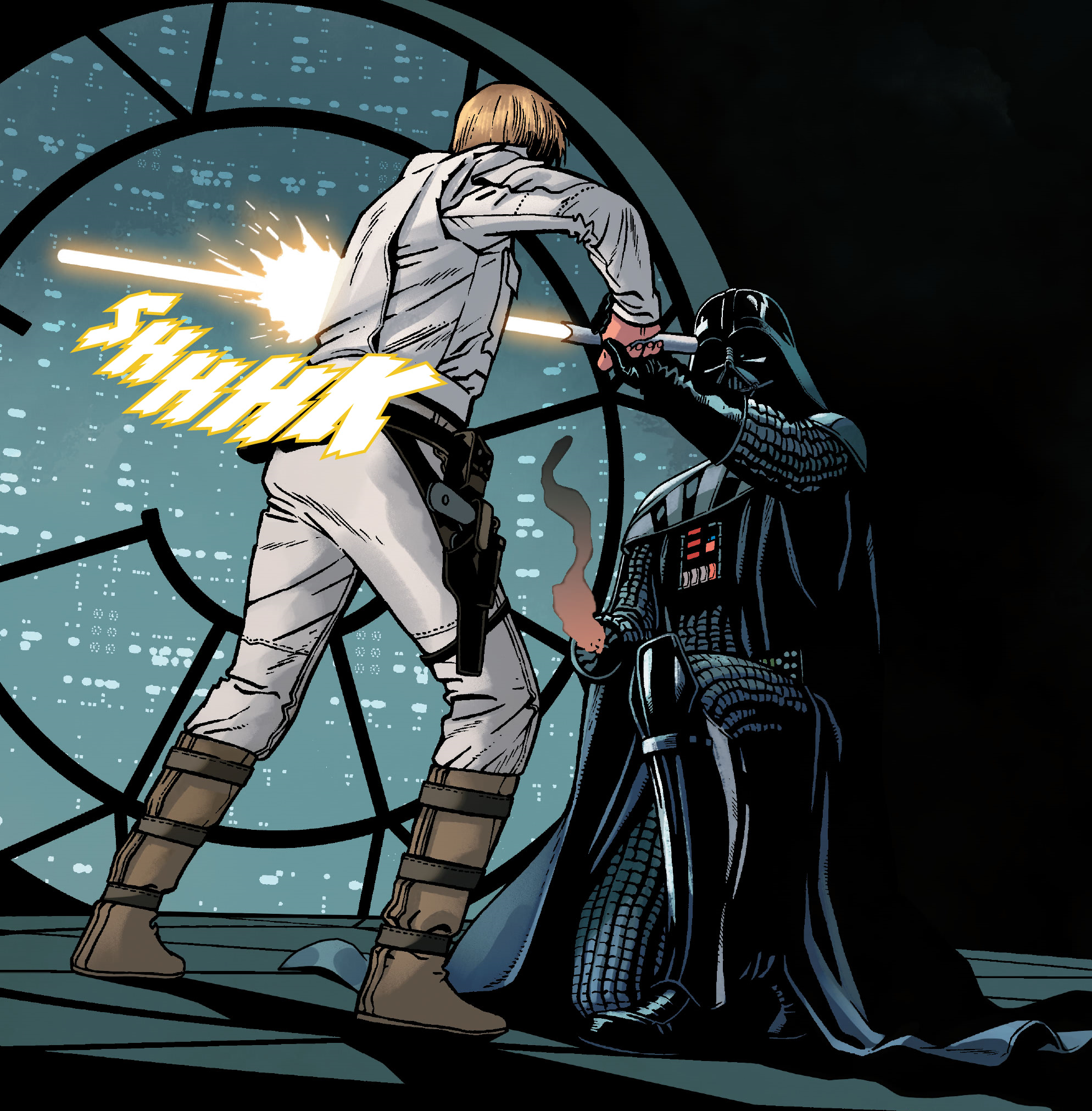 Skywalker imagines fighting Darth Vader on Cloud City with his yellow lightsaber.