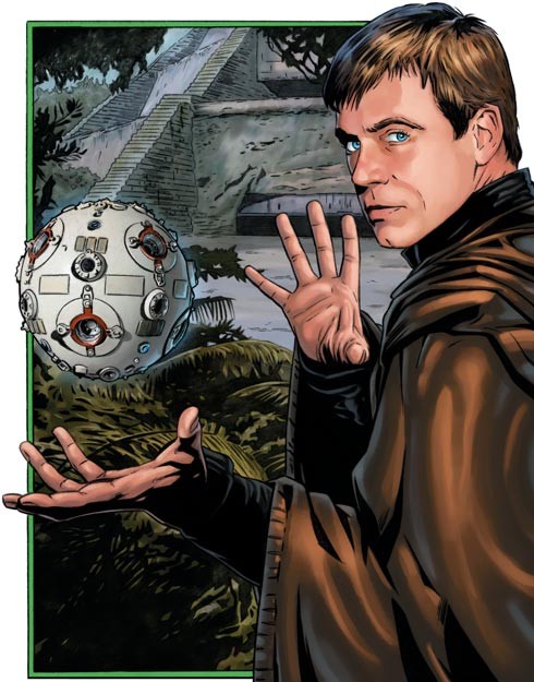 Luke Skywalker in front of the Jedi Praxeum, as depicted in the Star Wars Legends continuity