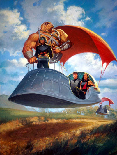 Maw, seen here traveling with Sariss and Yun on Dorlo, is mistakenly depicted without legs even though this takes place before the encounter with Qu Rahn.