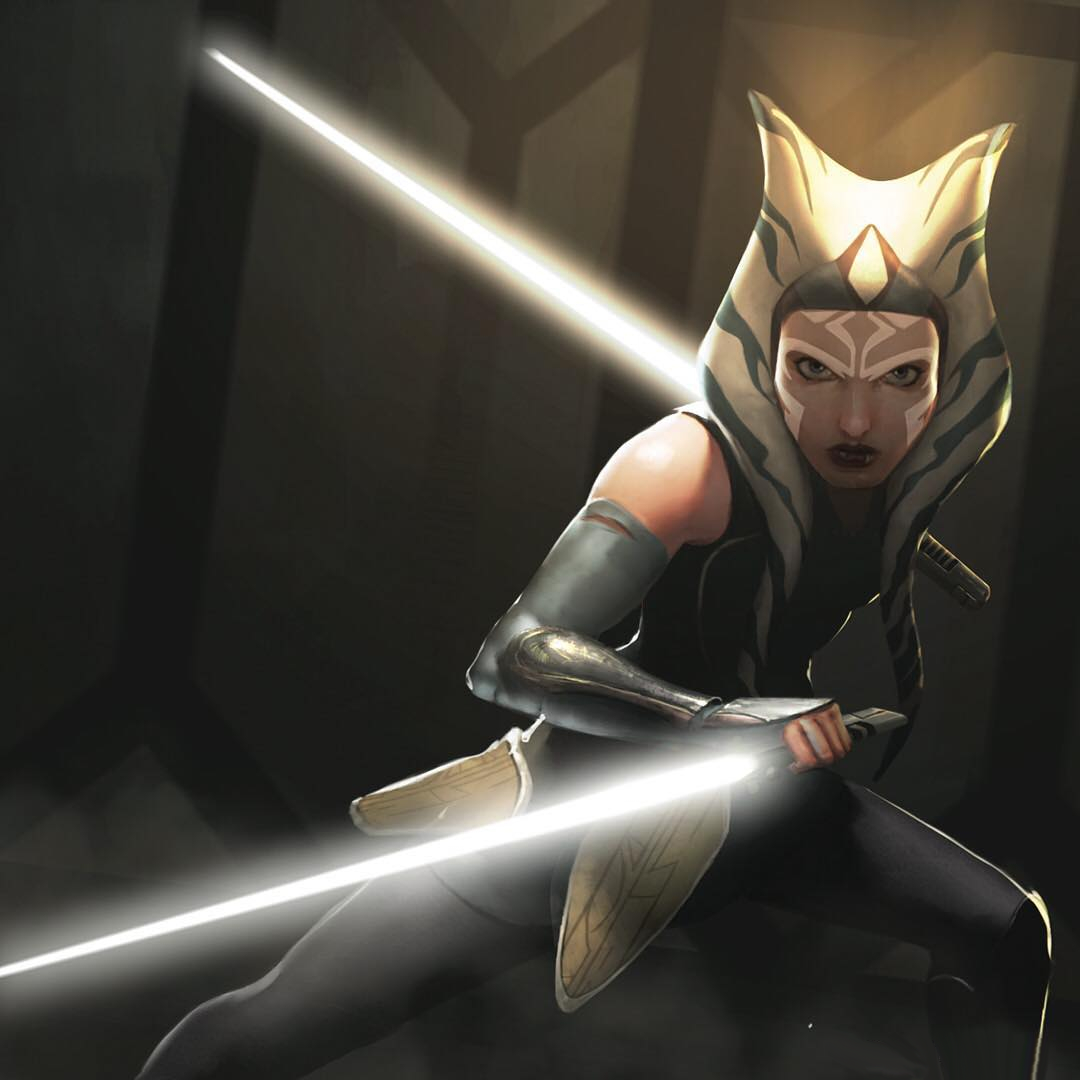 Ahsoka Tano wields her twin white sabers.