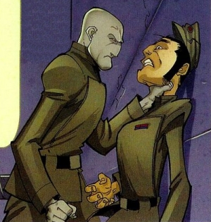 Buzk choking Manech upon discovering the hiring of Boba Fett