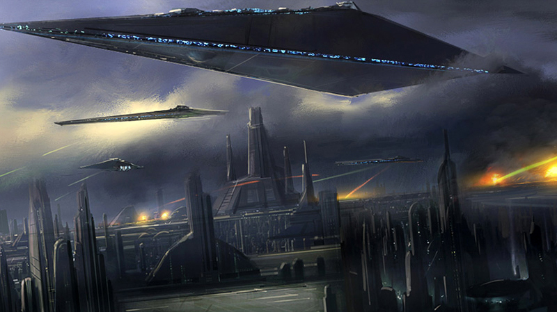 Harrower-class ships firing upon Coruscant's cityscape.