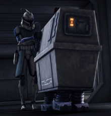 Rex ushers a plunk droid into the command center.