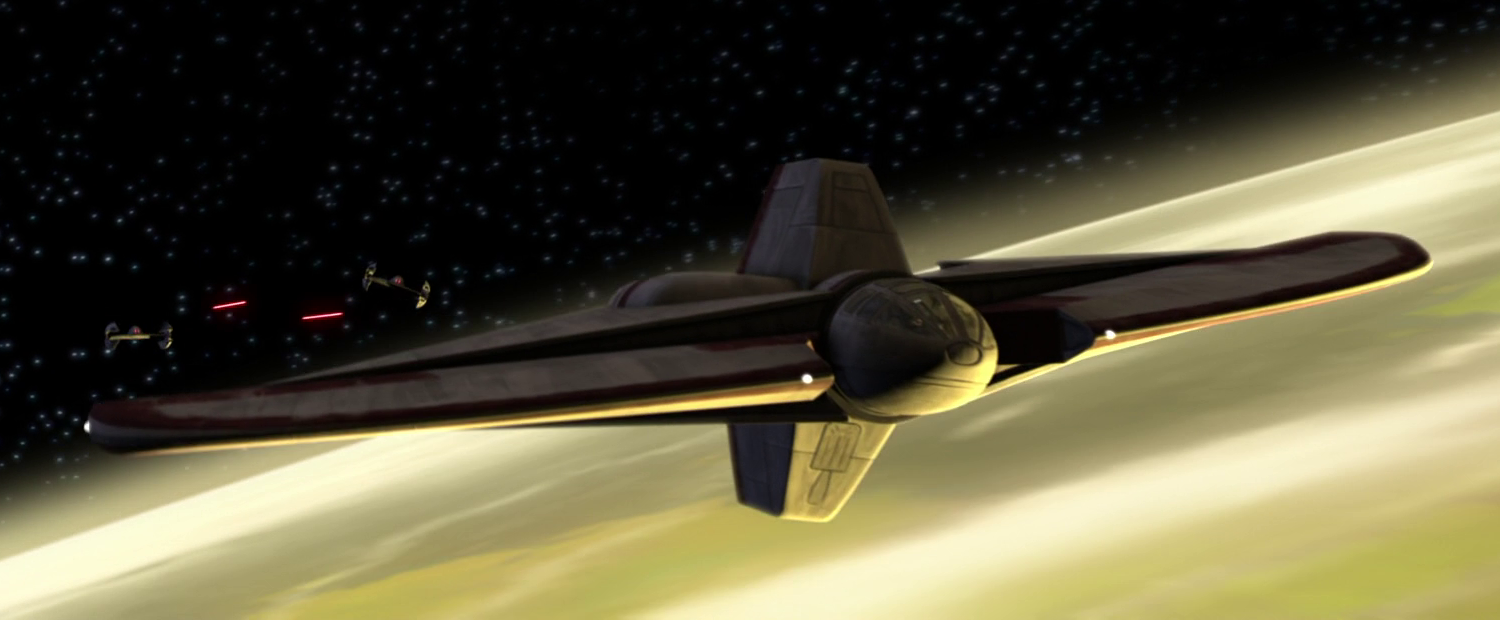 A T-6 shuttle being attacked by a vulture droid