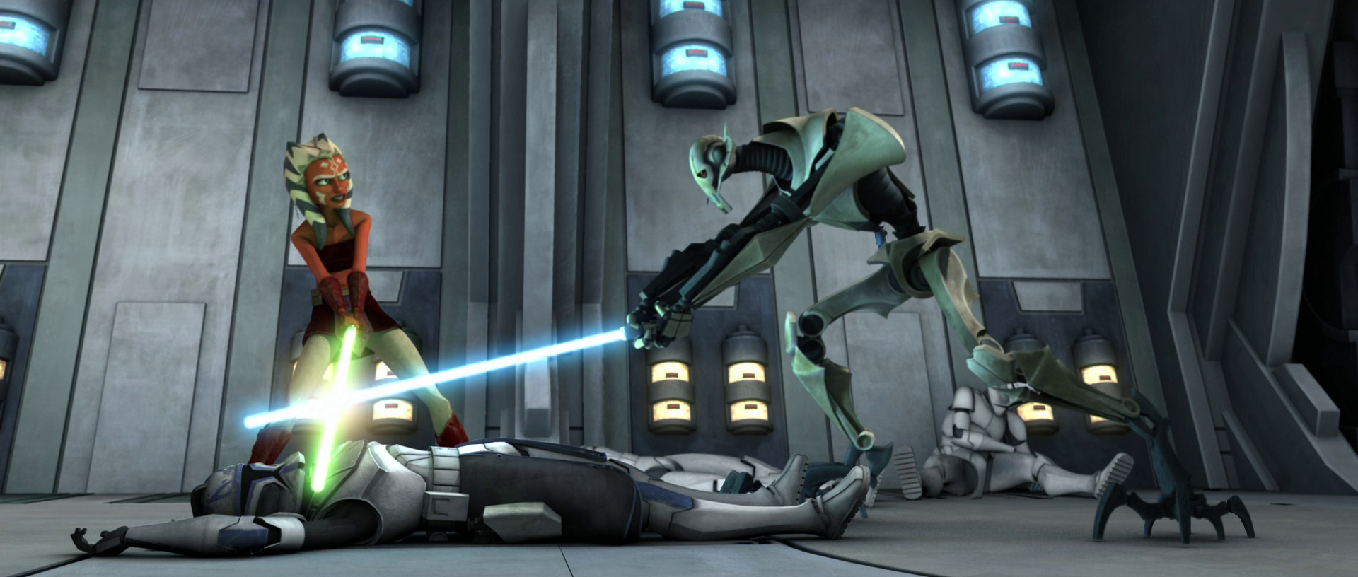 Aboard Skytop Station, Ahsoka Tano saves Captain Rex from General Grievous.