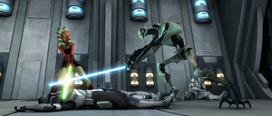 Rex survives a close encounter with General Grievous on Skytop Station thanks to Ahsoka Tano's intervention.