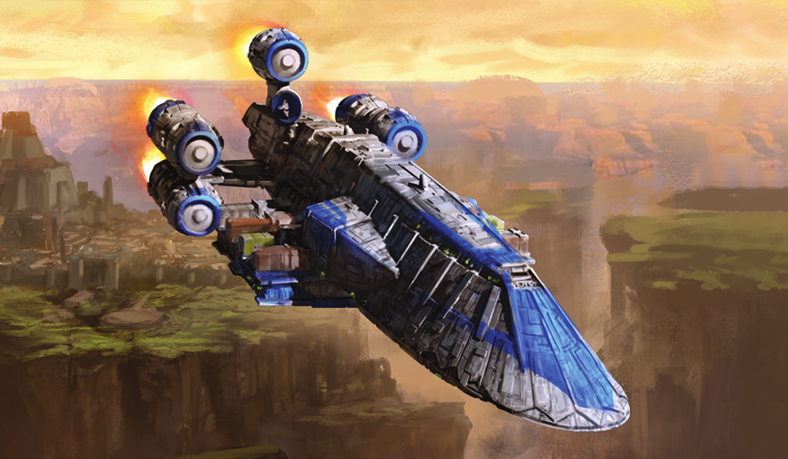 A Separatist privateer C-ROC Gozanti-class light cruiser during the Clone Wars, on the planet Zygerria.