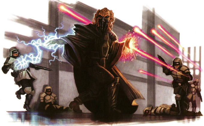 A Kel Dor Sith Lord absorbs blaster fire and channels it into Force lightning.