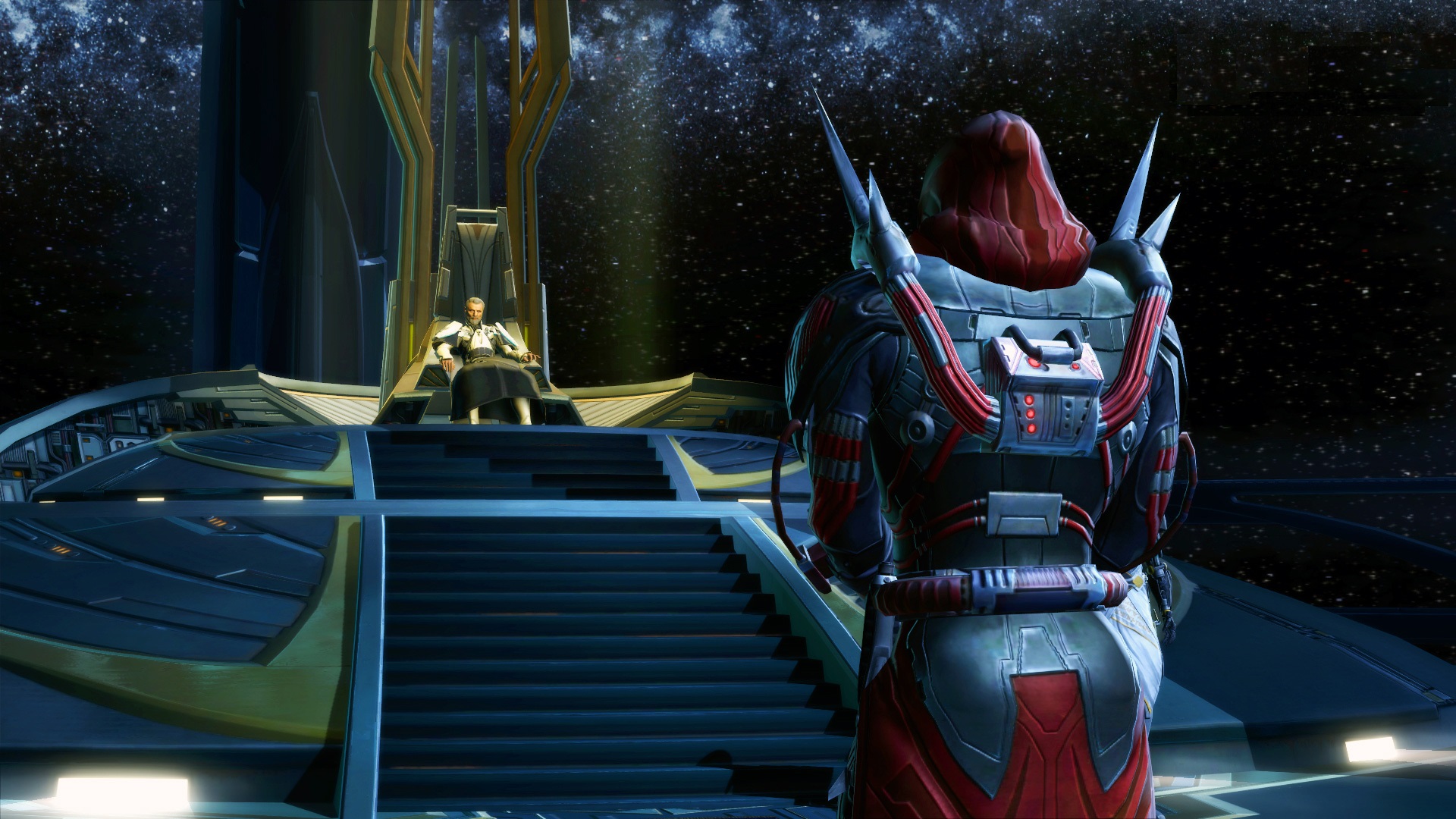 Darth Marr stands before Valkorion, the former Sith Emperor.