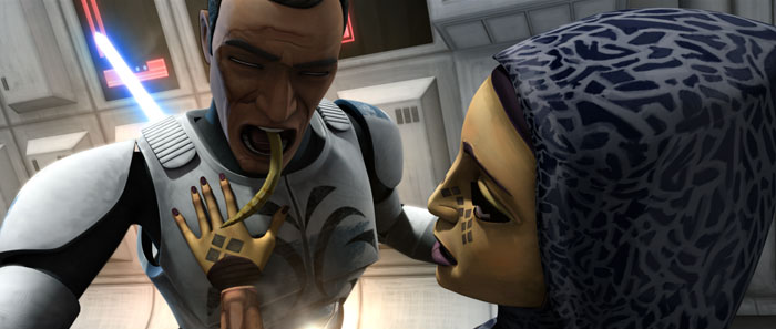 Barriss Offee kills Lieutenant Trap of Tango Company after a Geonosian brain worm infects him.