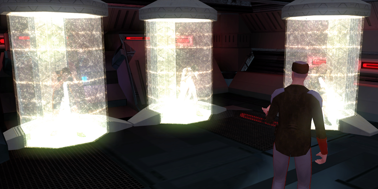 Admiral Karath tortures Carth Onasi, Bastila Shan, and Revan.