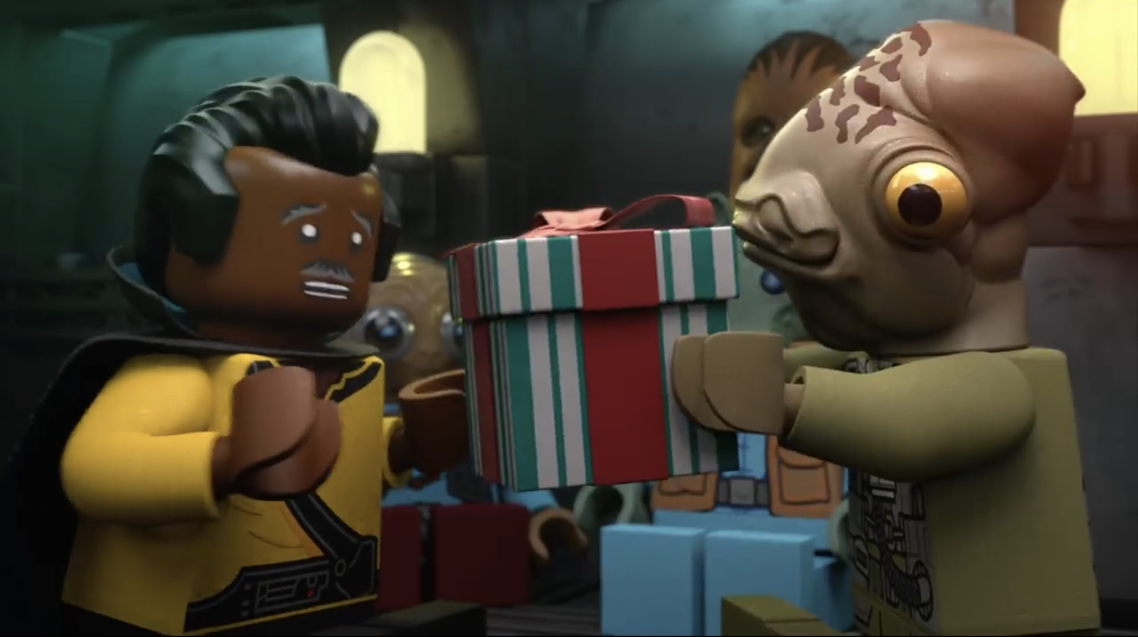 Ackbar gifts Calrissian with a new cape in The LEGO Star Wars Holiday Special.