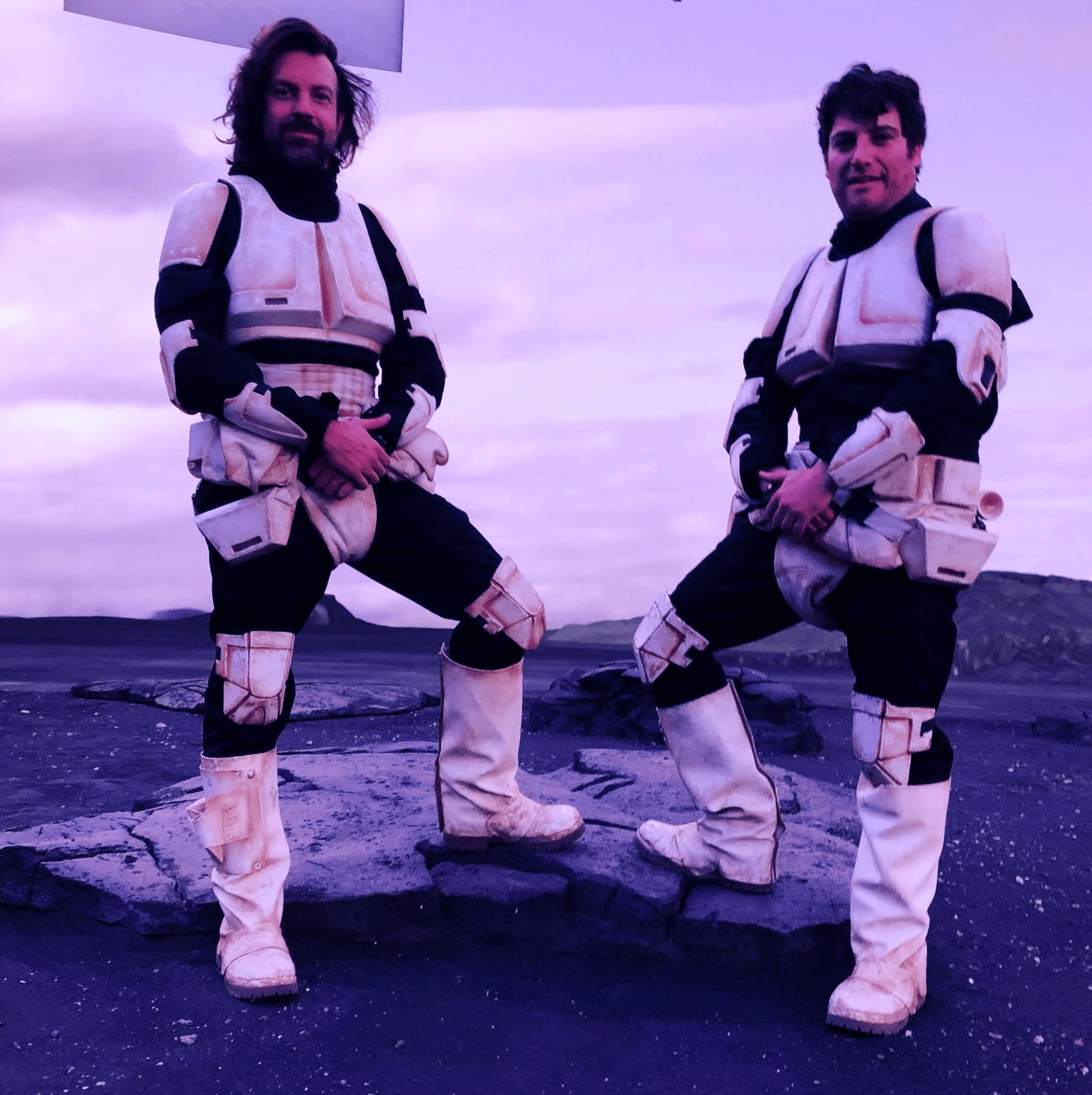 Adam Pally and Jason Sudeikis as the scout troopers on The Mandalorian's set