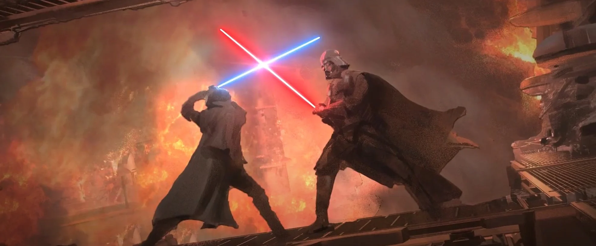 Concept art of a duel between Obi-Wan Kenobi and Darth Vader