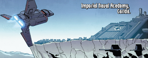The slanted gray walls of the Imperial Naval Academy on Carida sit on a clifftop with several hangars dug into the cliff beneath. A Sentinel-class landing craft approaches across a blue sky.