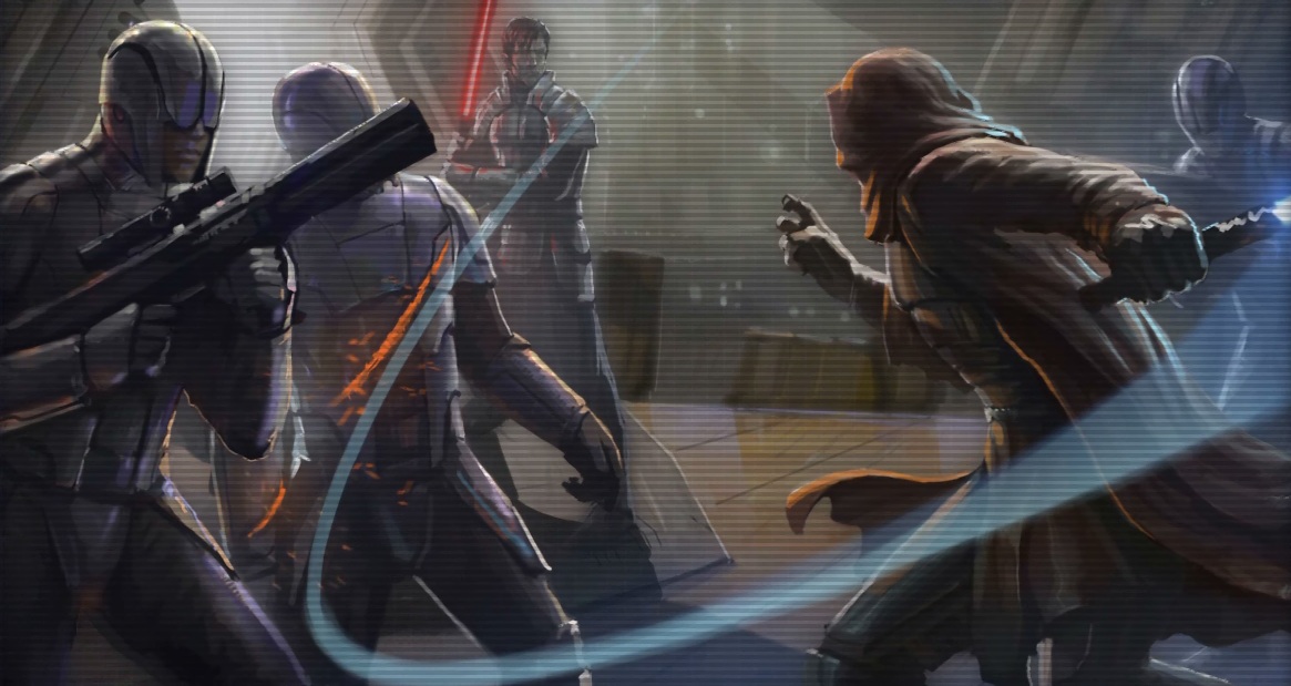 A redeemed Revan battles Sith troopers.