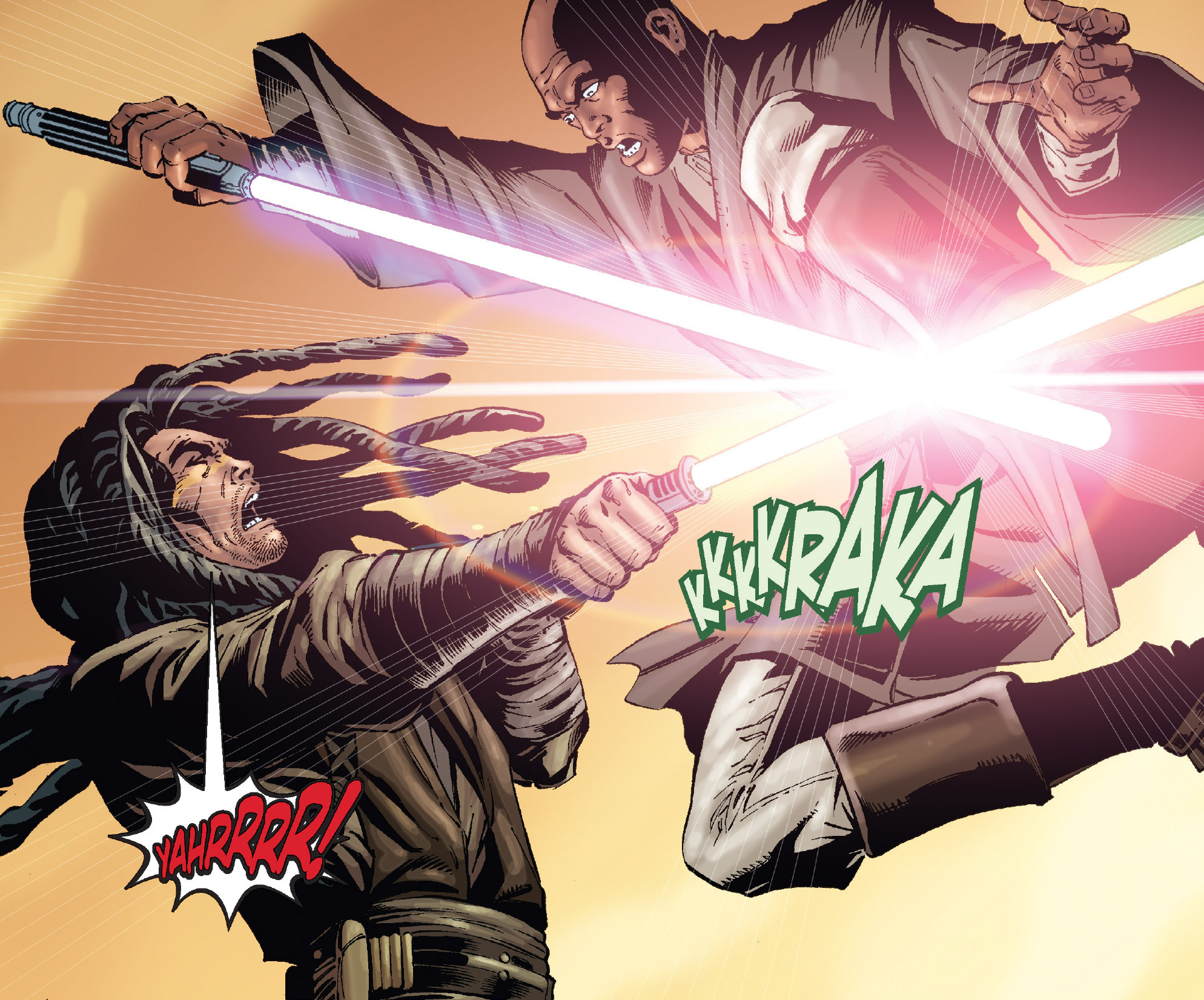 Quinlan Vos utilizing a Vaapad maneuver during his sparring match with Mace Windu.