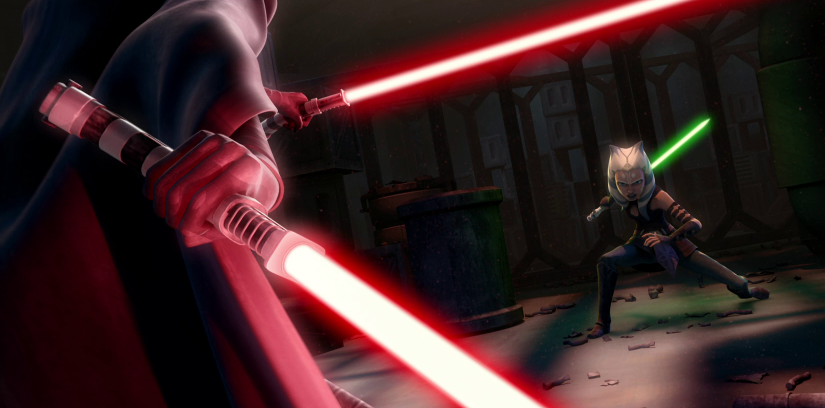 Barriss Offee using the lightsabers to duel Ahsoka Tano.