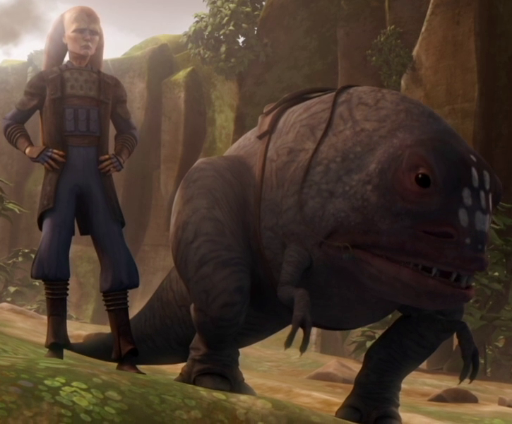 The Twi'lek Cham Syndulla stands beside a blurrg, providing a size comparison.