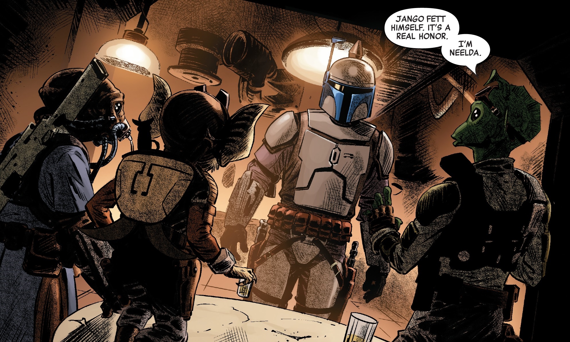 Jango Fett meets with several bounty hunters on Telerath.