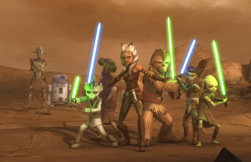 R2-D2 (second from the left), Huyang, Ahsoka, and the Jedi younglings confronting General Grievous.