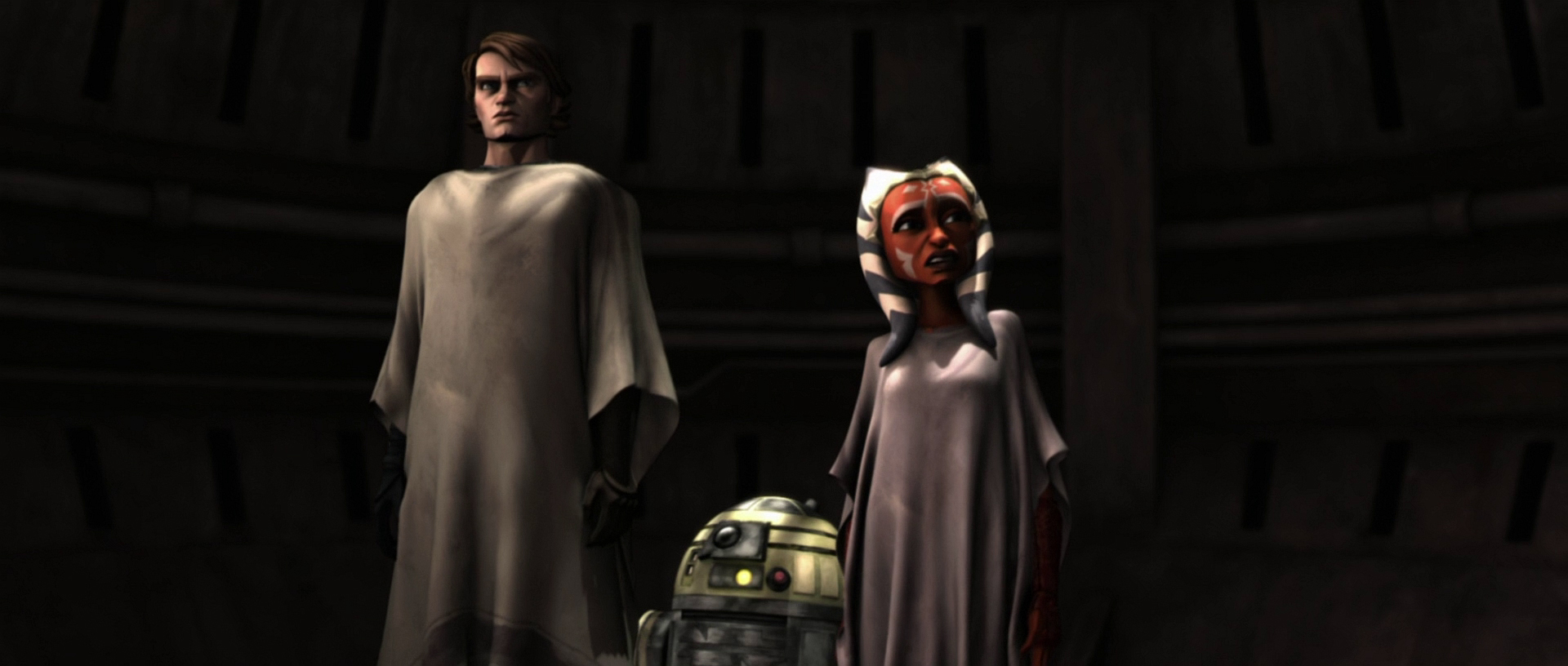 Anakin and Ahsoka on the search for R2 with the spy droid R3-S6.