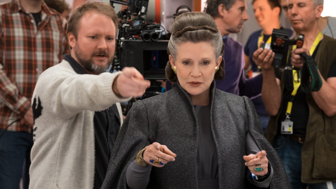 Rian Johnson and Carrie Fisher on the set of The Last Jedi