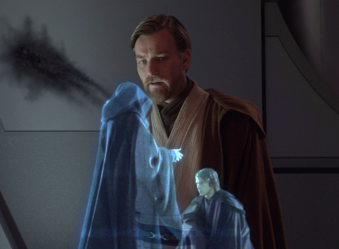 Obi-Wan Kenobi watching a security hologram of Darth Vader kneeling before Emperor Palpatine