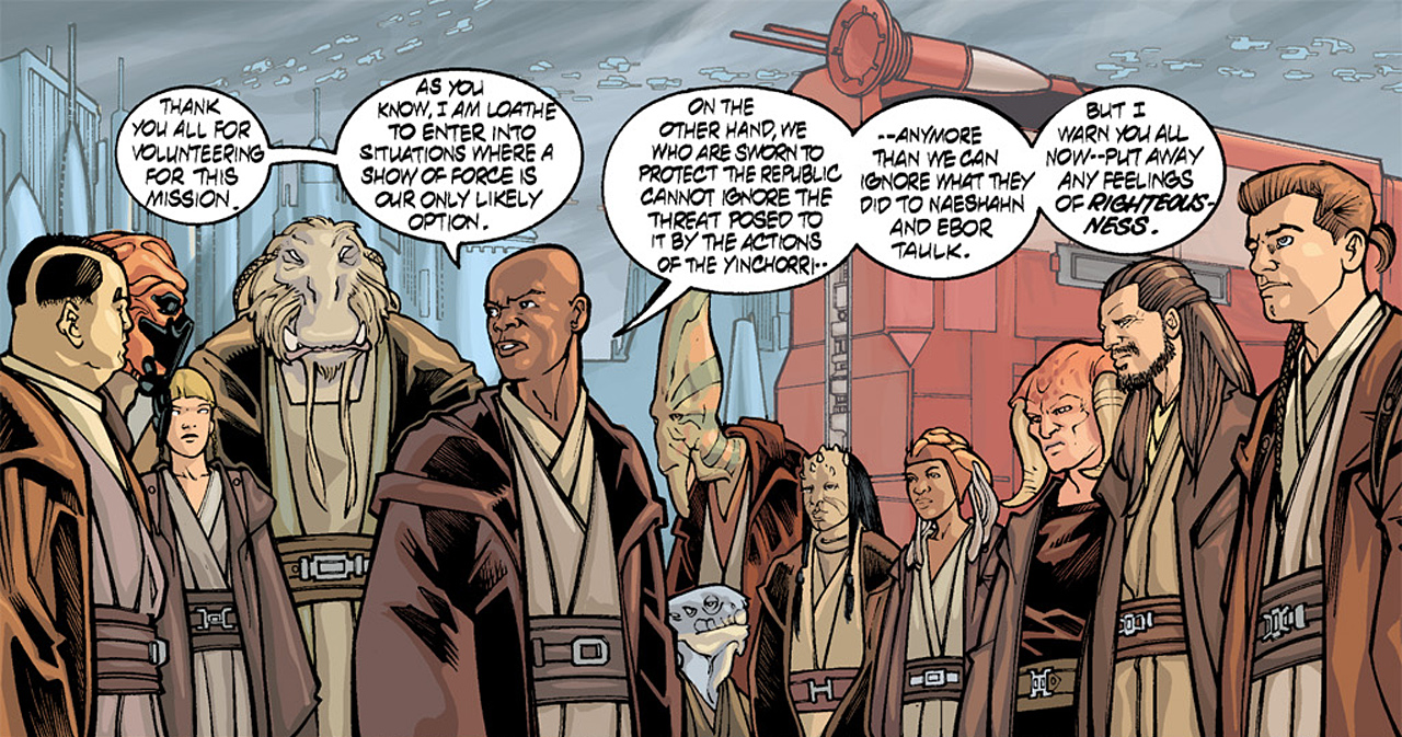 Mace Windu briefing the Jedi on Coruscant.