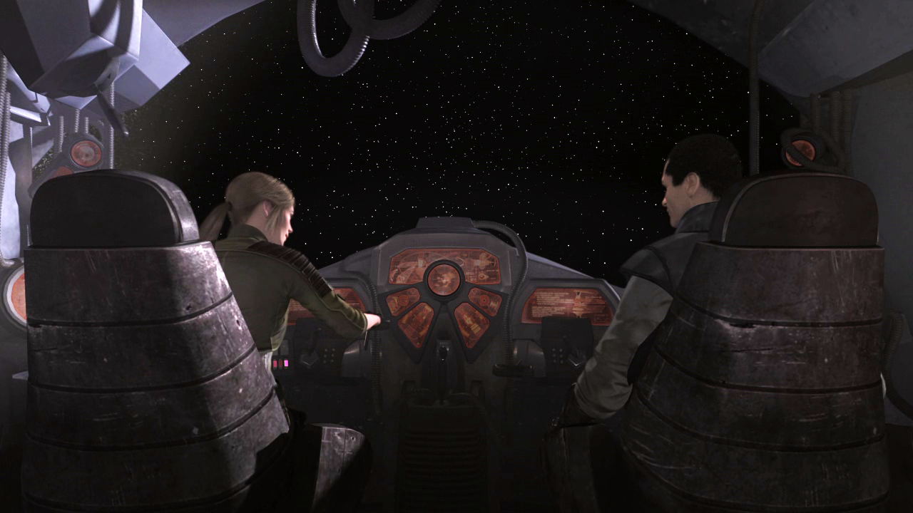 Juno Eclipse and Starkiller inside the cockpit of the Rogue Shadow