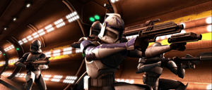 Rex and his men target Nuvo Vindi's battle droids in the underground laboratory.