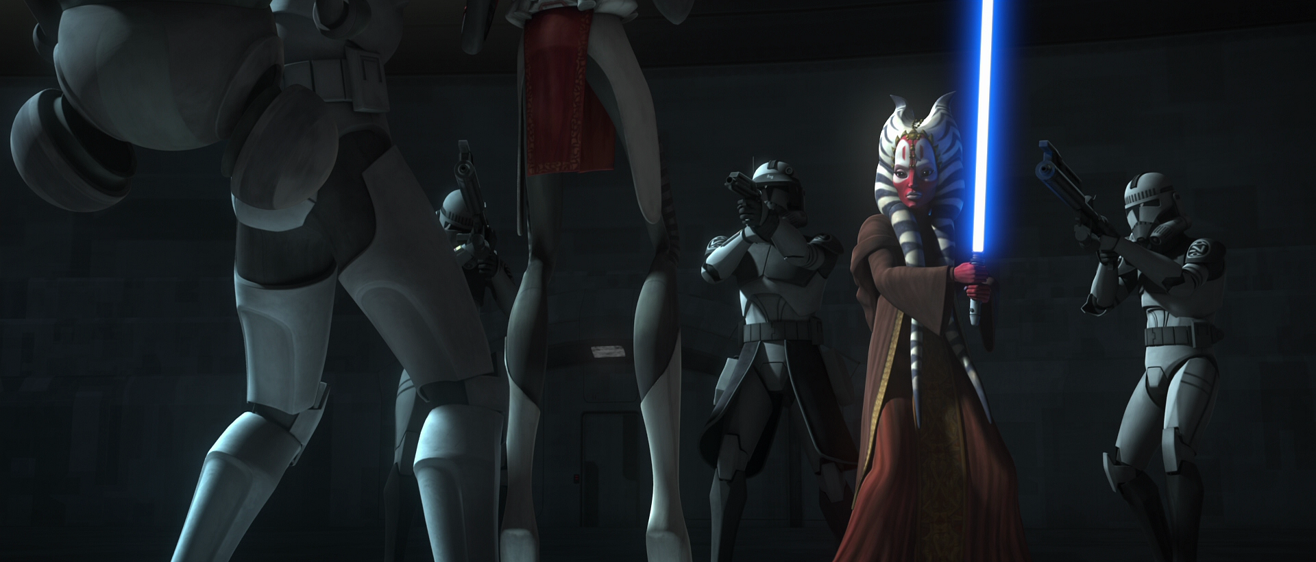 Shaak Ti, the captain, and his comrades confront Fives, who holds Nala Se hostage.