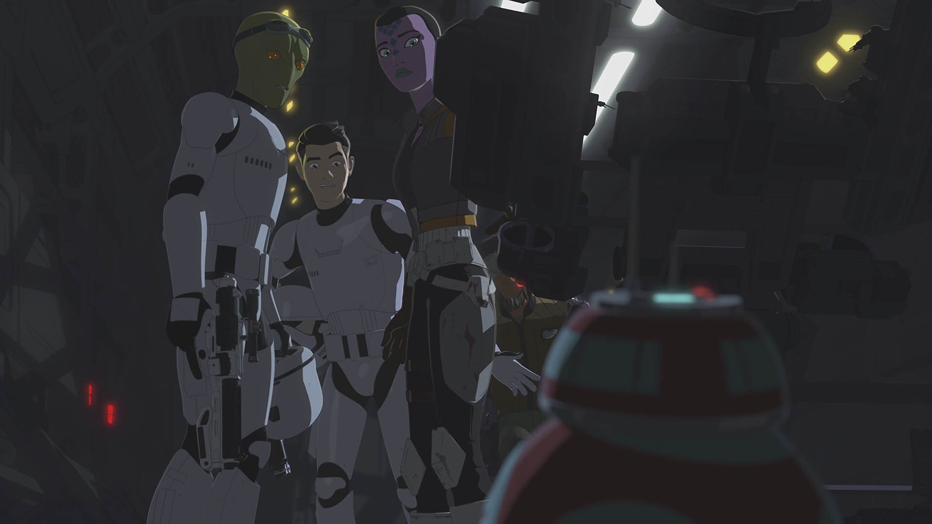 Norath Kev (left) helped Kazuda Xiono rescue Jarek Yeager and Synara San on Varkana using stormtrooper disguises.