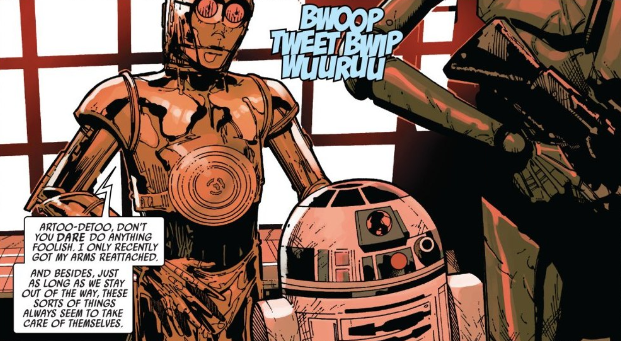 C-3PO and R2-D2 held hostage at Sunspot Prison.