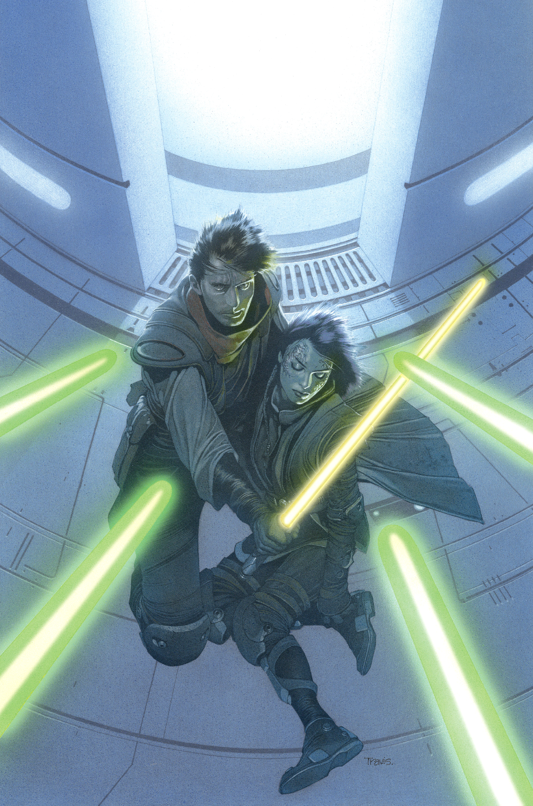 Kamlin, held by Zayne Carrick following her death. While depicted on the cover, the scene never takes place within the comic.[1]