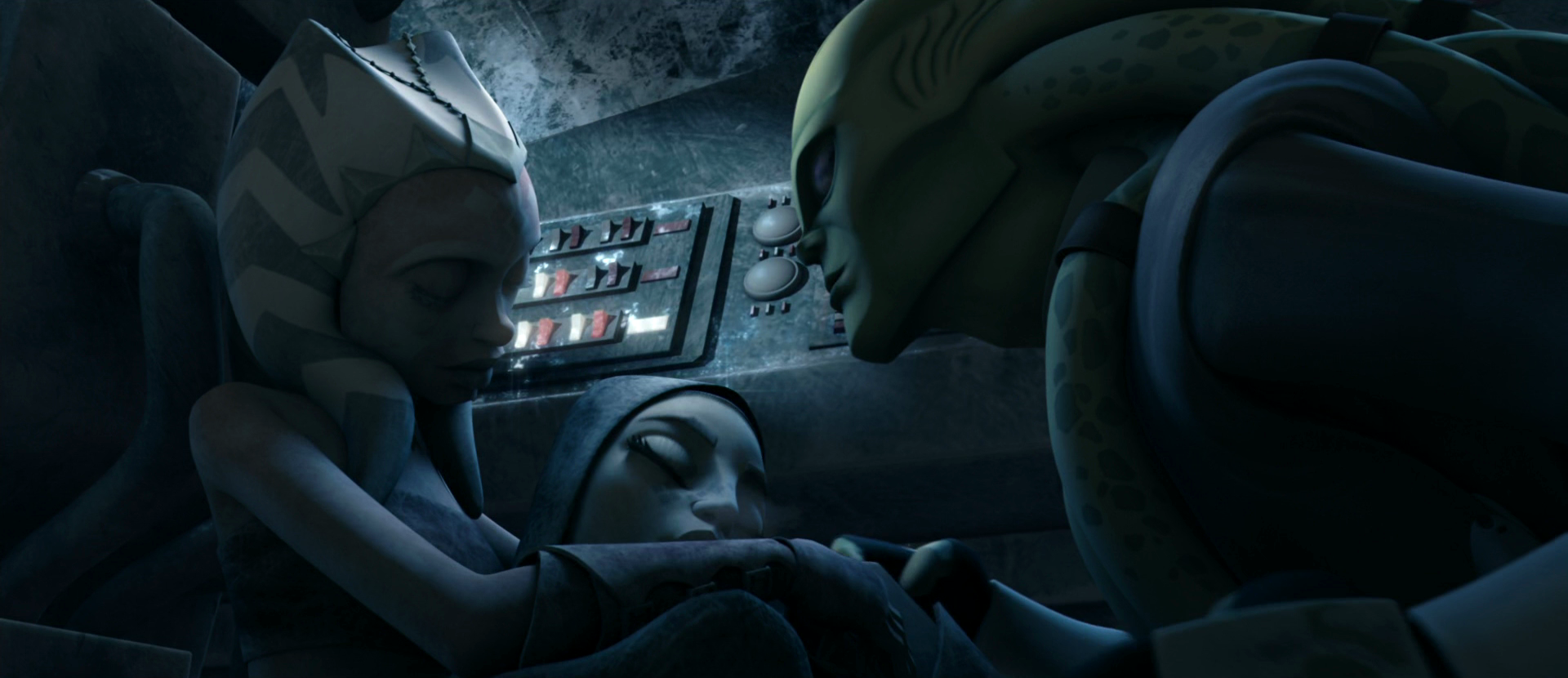 Kit Fisto finds a freezing Ahsoka Tano holding an unconscious Barriss Offee.