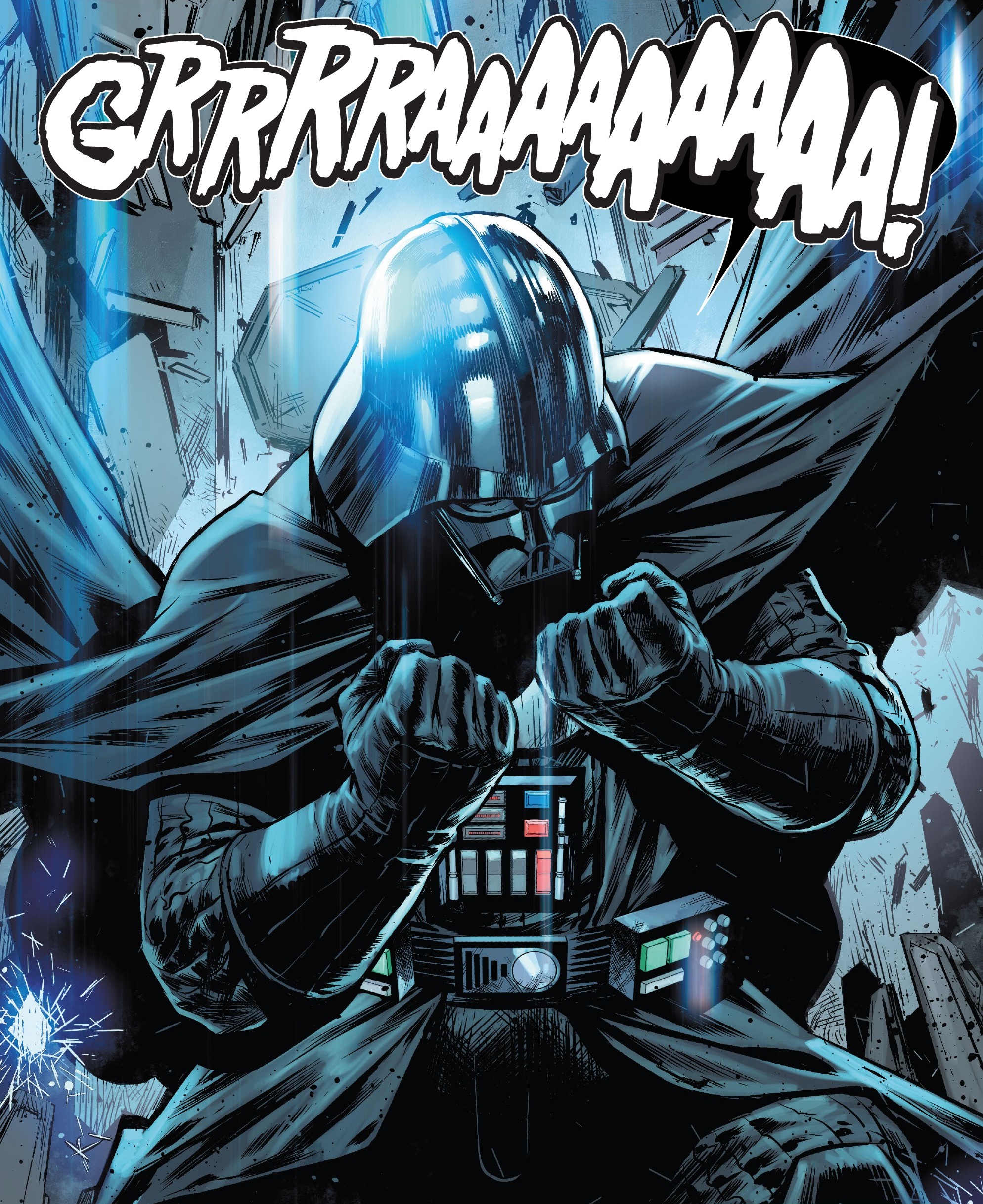 Crushing the walls of the Executor around him, Darth Vader loses control of the Force as the Force Wave returns.