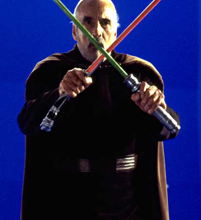 The late Christopher Lee, who portrayed Dooku in the Star Wars films, on the set of Episode II filming Dooku's lightsaber duel with Yoda.