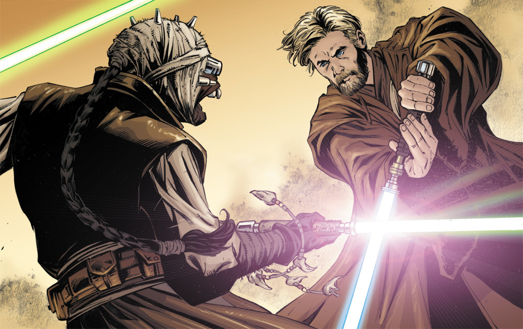 Kenobi duels A'Sharad Hett on Tatooine.