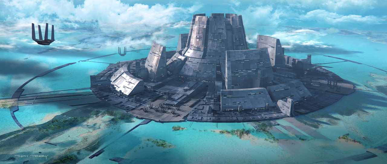 Concept art of the Imperial security complex with the Death Star docking tower in the center.